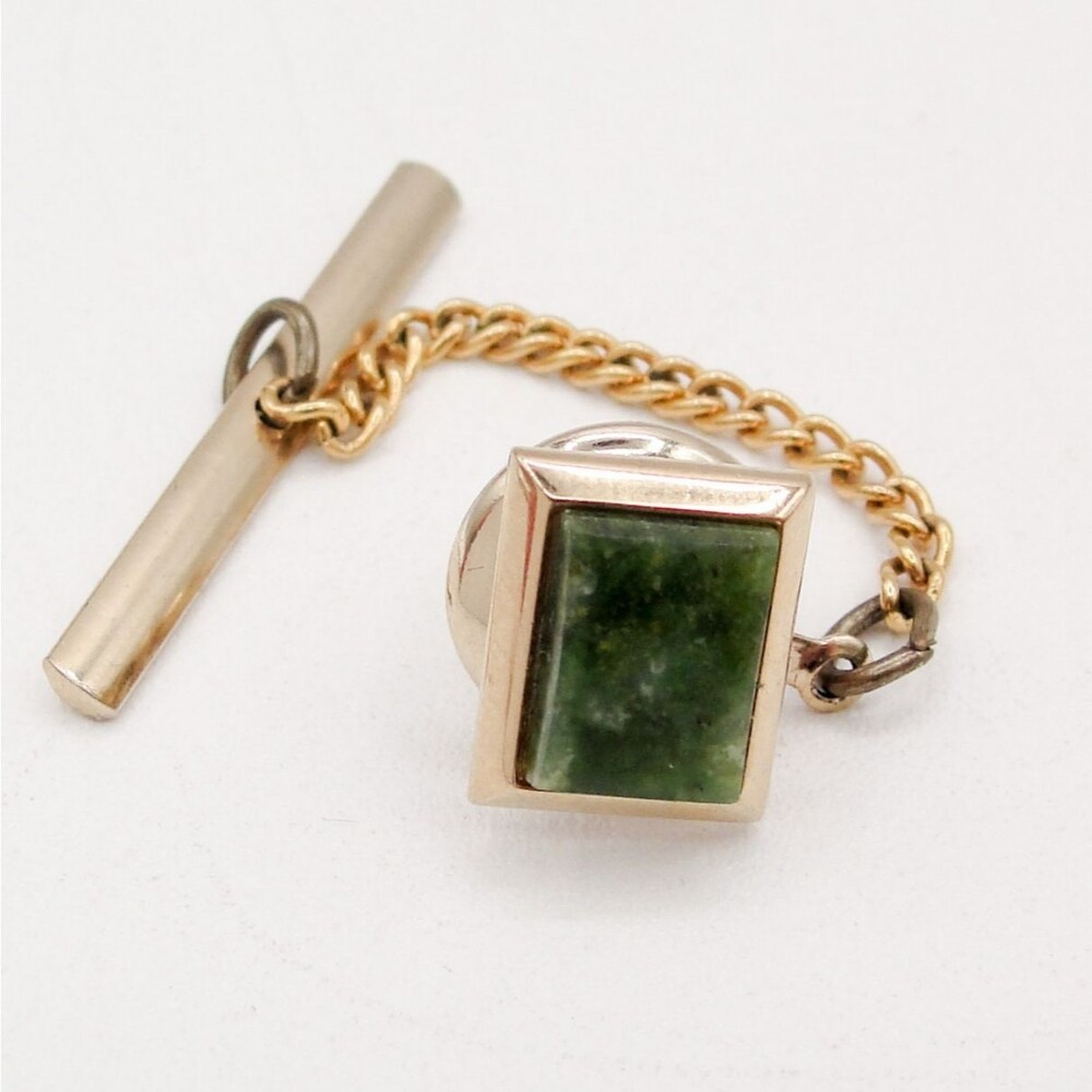 Vintage Swank Gold Tone Jade Tie Tack Pin Chain Bar Rectangle Mens Jewelry
